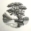 POV view looking at the end part of a wooden canoe boat in the Amazon with big trees and the Amazon river in the back tattoo design idea
