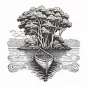 POV view looking at the end part of a wooden canoe boat in the Amazon with big trees and the Amazon river in the back tattoo design idea