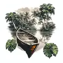 POV view of the end of a wooden canoe boat on the Amazon river with trees and the rainforest in background further on tattoo design idea