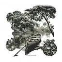 POV view of the end of a wooden canoe boat on the Amazon river with trees and the rainforest in background further on tattoo design idea