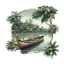 POV view of the end of a wooden canoe boat on the Amazon river with trees and the rainforest in background further on tattoo design idea