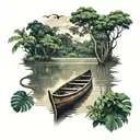 POV view of the end of a wooden canoe boat on the Amazon river with trees and the rainforest in background further on tattoo design idea