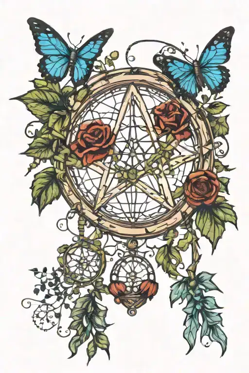 dreamcatcher in the shape of a pentacle made of wood with ivy and poppies. a blue butterfly flying away from the catcher tattoo design idea