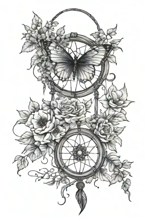 dreamcatcher in the shape of a pentacle made of wood with ivy and poppies. a blue butterfly flying away from the catcher tattoo design idea