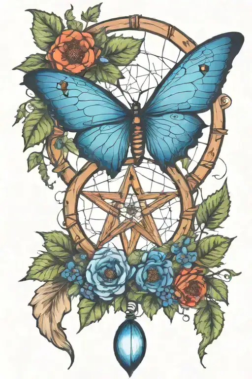 dreamcatcher in the shape of a pentacle made of wood with ivy and poppies. a blue butterfly flying away from the catcher tattoo design idea