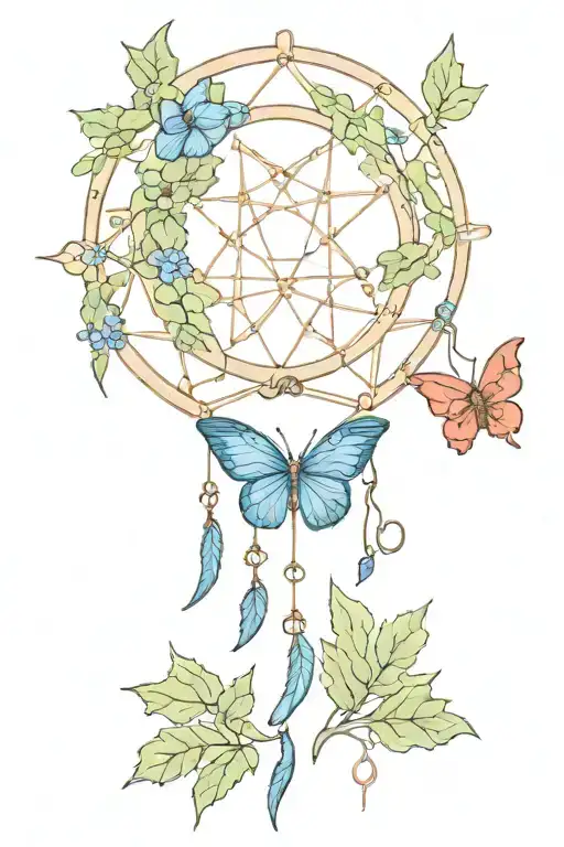 dreamcatcher in the shape of a pentacle made of wood with ivy and poppies. a blue butterfly flying away from the catcher tattoo design idea