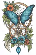 dreamcatcher in the shape of a pentacle made of wood with ivy and poppies. a blue butterfly flying away from the catcher tattoo design idea