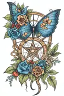dreamcatcher in the shape of a pentacle made of wood with ivy and poppies. a blue butterfly flying away from the catcher tattoo design idea