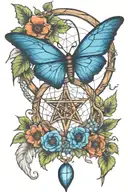 dreamcatcher in the shape of a pentacle made of wood with ivy and poppies. a blue butterfly flying away from the catcher tattoo design idea
