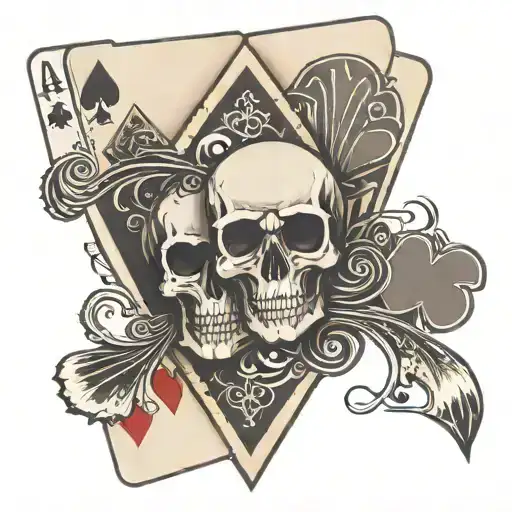 Two poker cards, one with a skull and hearts on the other. tattoo design idea