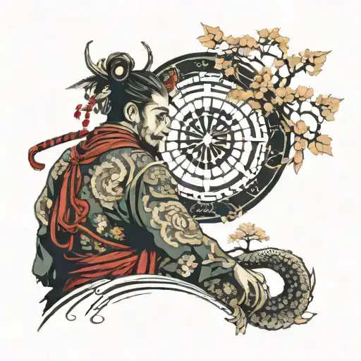 Samurai in mandalas in a neotraditional cherry tree forest seeking enlightenment in zen mode with a dragon tattoo design idea
