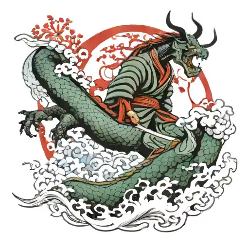samurai with a dragon in a cherry forest zen buddhist finding enlightenment tattoo design idea