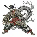 Samurai in mandalas in a neotraditional cherry tree forest seeking enlightenment in zen mode with a dragon tattoo design idea