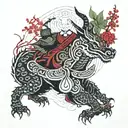 Samurai in mandalas in a neotraditional cherry tree forest seeking enlightenment in zen mode with a dragon tattoo design idea