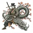 Samurai in mandalas in a neotraditional cherry tree forest seeking enlightenment in zen mode with a dragon tattoo design idea