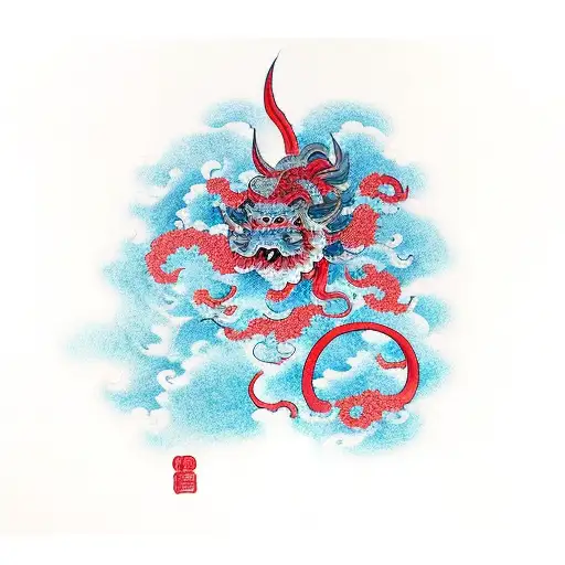 complete red japanese cloud with oni tattoo design idea