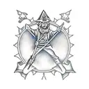 A wizard casting a spell with a Def Leppard logo in the background tattoo design idea