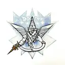 A wizard casting a spell with a Def Leppard logo in the background tattoo design idea