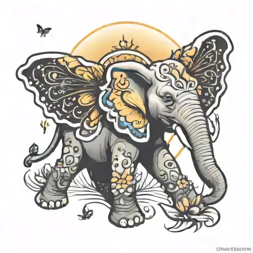 happy elephant with sun and butterfly  tattoo design idea