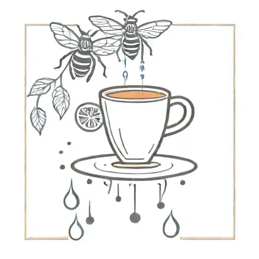 A minimalist tattoo of a barista brewing coffee surrounded by water droplets and bees, symbolizing the client's love for coffee and nature tattoo design idea