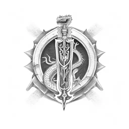 Cross sword with dead dragon tattoo design idea
