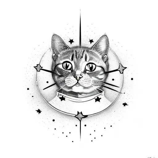 cat with stars line work tattoo design idea