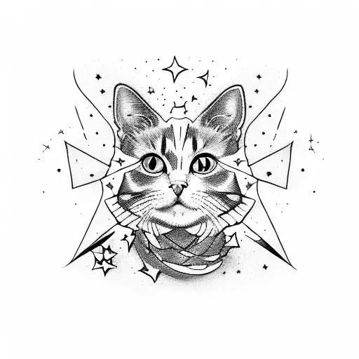 cat with stars line work tattoo design idea