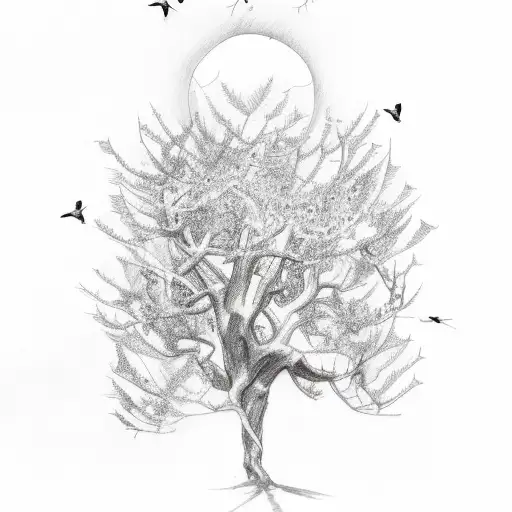 A sketch-style tattoo of a Holly tree with birds flying out of its branches tattoo design idea
