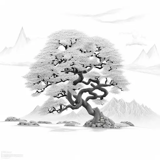 oak tree with mountain range add edelweiss flower tattoo design idea