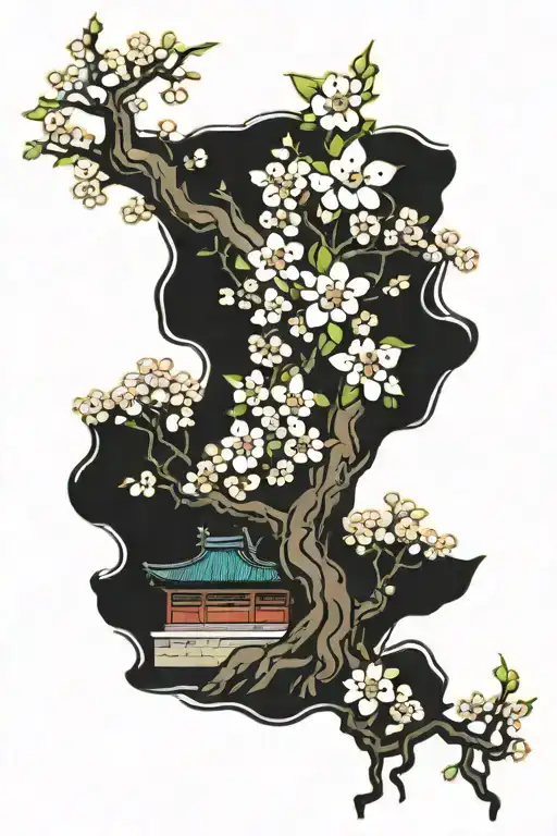 korean Norigae cherry blossom tree and korean palace tattoo design idea