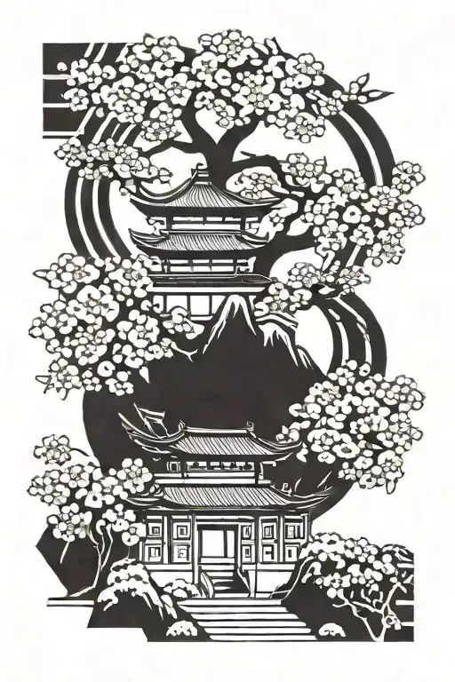 korean Norigae cherry blossom tree and korean palace tattoo design idea