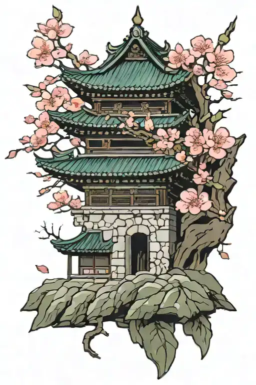 korean Norigae cherry blossom and korean palace tattoo design idea