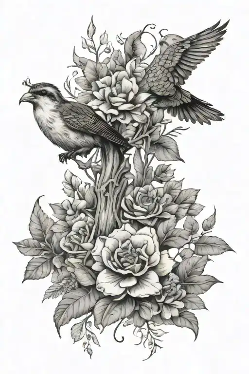 flowers and plants native to Alabama and a possum and birds  tattoo design idea