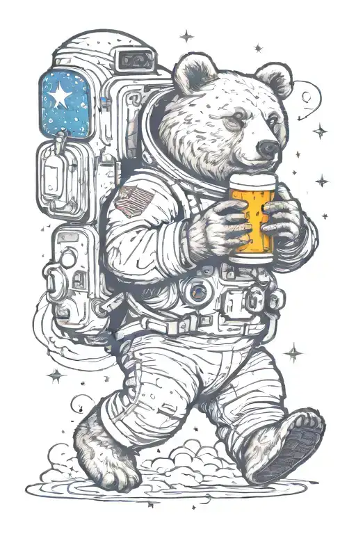 A bear astronaut floating in space holding a jug of beer. the constellation saggittarius is in the background tattoo design idea