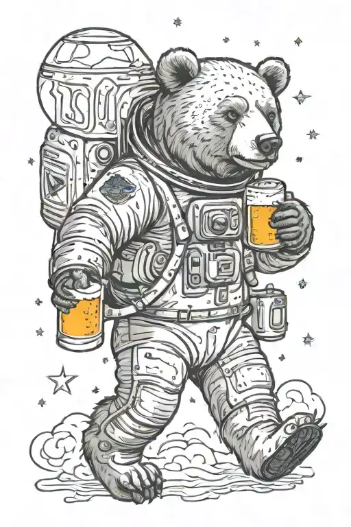 A bear astronaut floating in space holding a jug of beer. the constellation saggittarius is in the background tattoo design idea