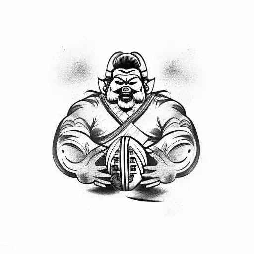 Sumo warrior who is Legia football club supporter and holds rugby ball tattoo design idea