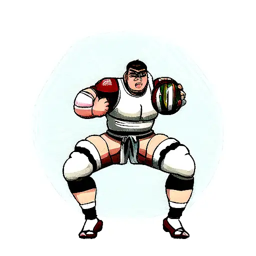 Sumo warrior who is Legia football club supporter and holds rugby ball tattoo design idea