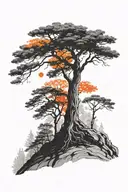 Black and grey scale with red/orange color infusion. Trees, wanderer, side profile. tattoo design idea