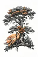 Black and grey scale with red/orange color infusion. Trees, wanderer, side profile. tattoo design idea