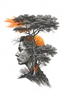 Black and grey scale with red/orange color infusion. Trees, wandering warrior, side profile. tattoo design idea
