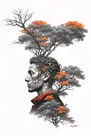 Black and grey scale with red/orange color infusion. Trees, wandering warrior, side profile. tattoo design idea