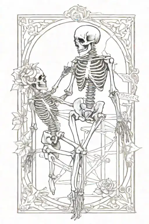 a line work tatoo of a tarot card frame with a living woman and a male skeleton, with the living woman holding three sun tattoo design idea