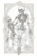 a line work tatoo of a tarot card frame with a living woman and a male skeleton, with the living woman holding three sun tattoo design idea