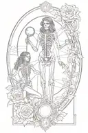 a line work tatoo of a tarot card frame with a living woman and a male skeleton, with the living woman holding three sun tattoo design idea