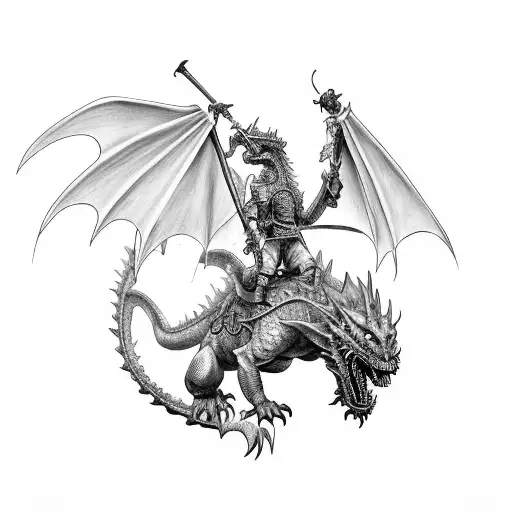 A detailed portrait of Dom Quixote riding a dragon into battle, combining the client's favorite literary character with their passion for dragons tattoo design idea