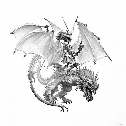 A detailed portrait of Dom Quixote riding a dragon into battle, combining the client's favorite literary character with their passion for dragons tattoo design idea