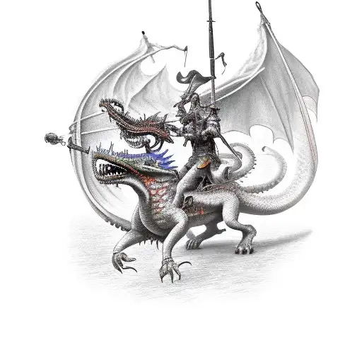 A detailed portrait of Dom Quixote riding a dragon into battle, combining the client's favorite literary character with their passion for dragons tattoo design idea