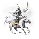 A detailed portrait of Dom Quixote riding a dragon into battle, combining the client's favorite literary character with their passion for dragons tattoo design idea