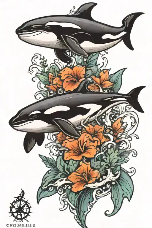 orca whale with Pacific northwest scenery inside body  tattoo design idea