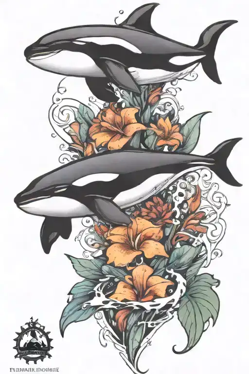 orca whale with Pacific northwest scenery inside body  tattoo design idea